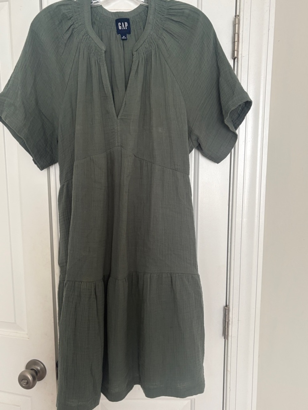 GAP Olive Gauze V-Neck Tiered Midi Dress